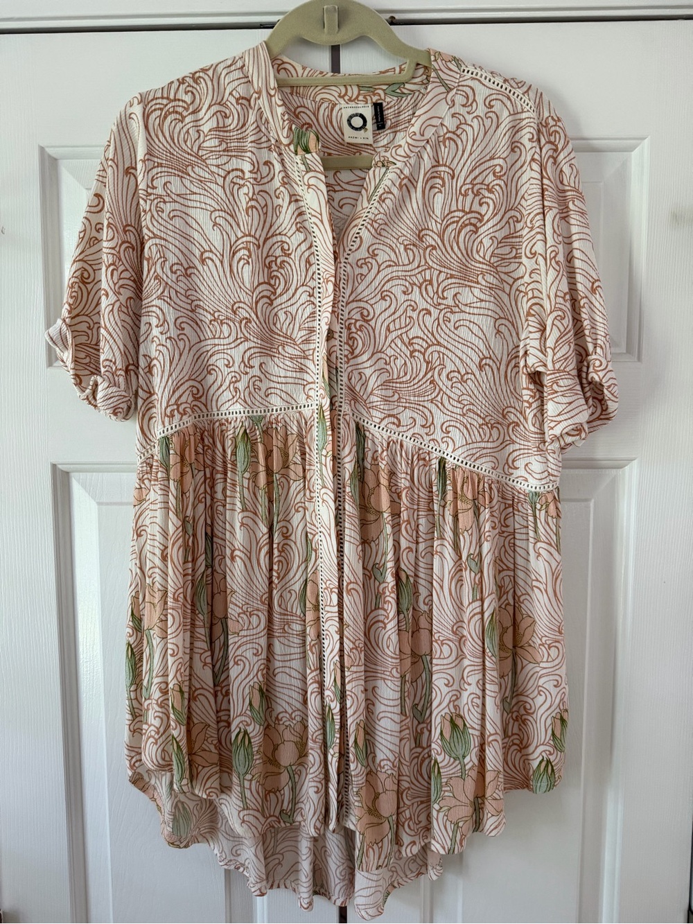 Anthropologie Pink and Green Floral Boho Button-Front Top, Medium
